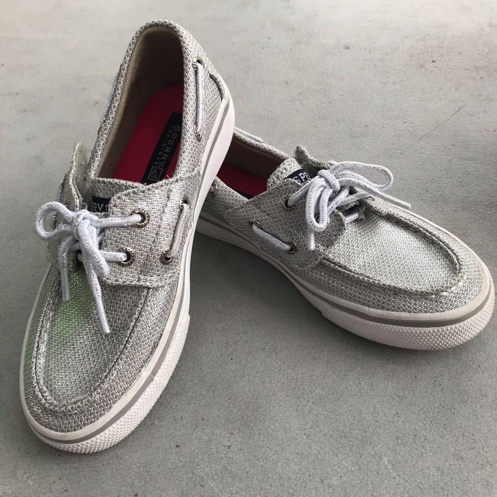 Sperry Bahama Jr. silver sparkle Velcro boat shoes